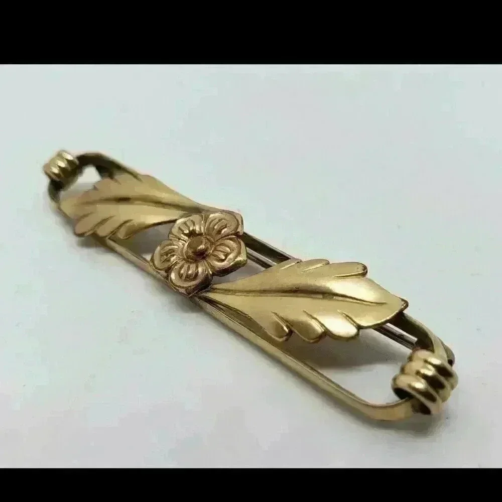 Gold Art Nouveau Brooch Rose Roses Leaves Brooch 12 Kt GF Vintage Repousse